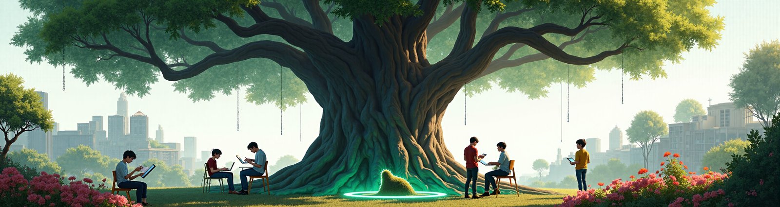 AI generated image of creators gathering under a glowing digital tree