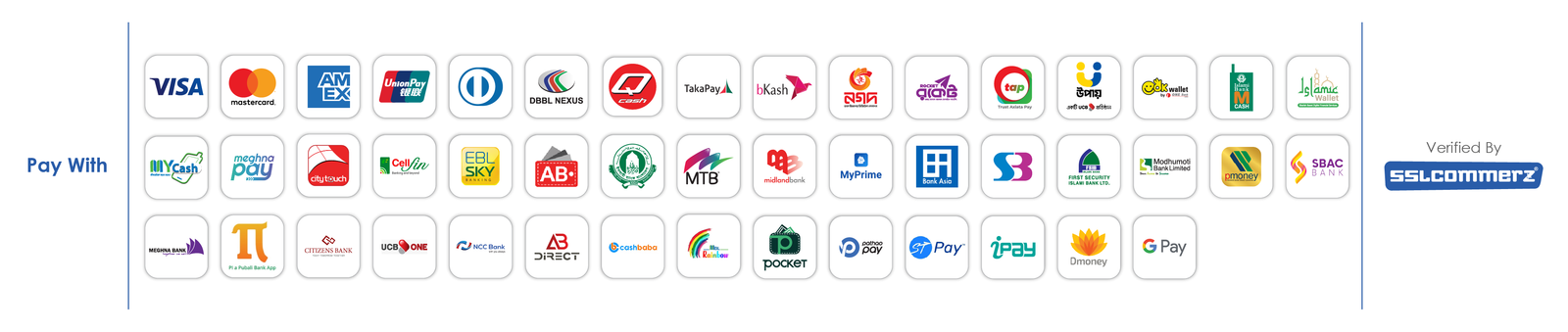 Accepted payment methods: Visa, Mastercard, bKash, Nagad, Rocket, and more — verified by SSLCommerz