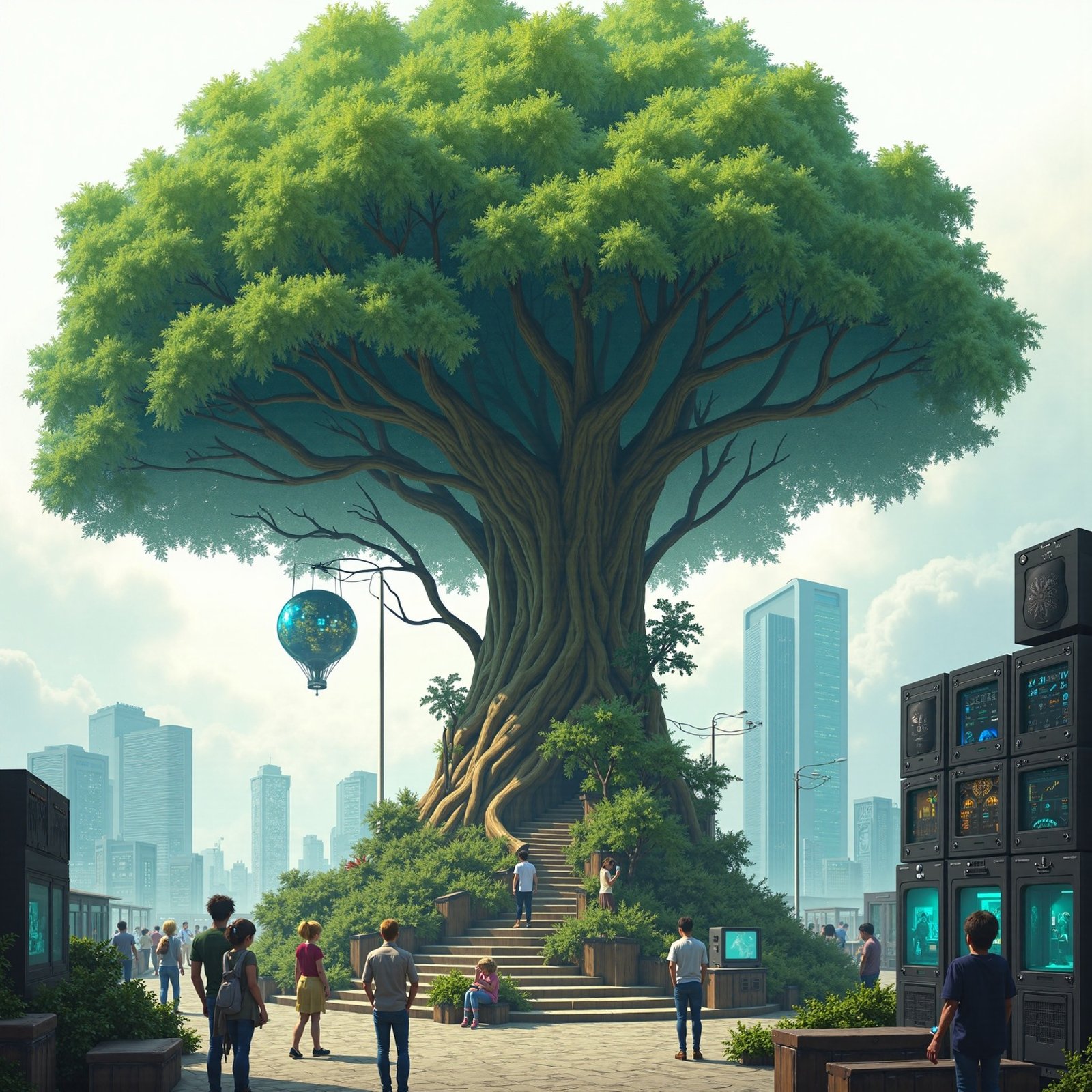 Technology tree city AI art